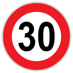 Speed limit 30 road sign in red circle, traffic regulation symbol for urban safety, driving control and speed restriction