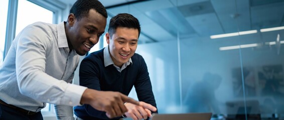 Black man and Asian man collaborating on laptop in modern office, discussing project, teamwork, business success