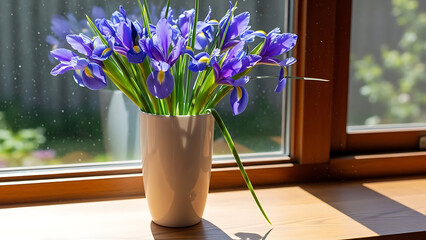 Beautiful purple irises in a vase on a windowsill with sunlight