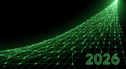 Abstract green network lines forming a rising pattern on a black background, symbolizing growth toward the year 2026, representing future progress