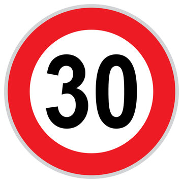 Speed limit 30 road sign in red circle, traffic regulation symbol for urban safety, driving control and speed restriction