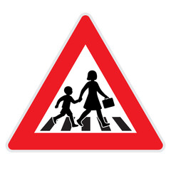 Children pedestrian crossing warning sign icon, school zone road safety symbol for traffic awareness and urban streets
