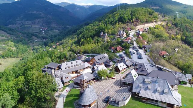 Drvengrad (Mecavnik), Serbia - 2019: Aerial view of the traditional wooden village Drvengrad, also known as Mecavnik, built by film director Emir Kusturica near Mokra Gora in western Serbia.
