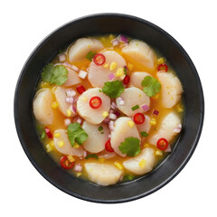 Scallop ceviche plate, citrus marinade, red chili, cilantro, gourmet seafood appetizer, fresh lime