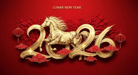 Dynamic Zodiac Horse emerging from elegant brushstroke 2026 Lunar New Year poster with vibrant gold leaf and traditional paper cut elements
