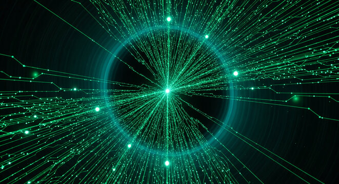 Abstract green circuit board image with node and line patterns emanating from center, representing high technology, network connection, data transfer - Powered by Adobe