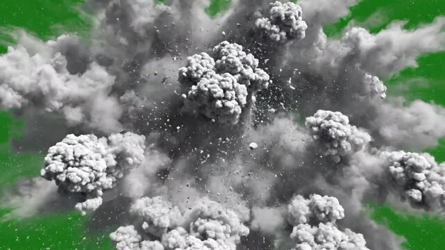4K animation powerful blast white steam explosion expanding rapidly against a chroma key green screen background for action movie.