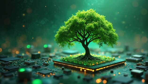 Illustration presents a thriving green tree growing from a circuit board. It visualizes the fusion of nature tech. The art shows balance between ecosystem and electronic world.