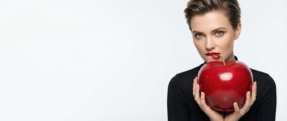 Woman holding large red apple, biting stem, looking at camera with red lipstick Concept of temptation, healthy eating, and beauty