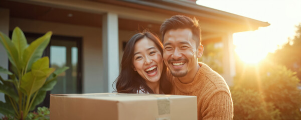 Asian couple moves to new house. Woman and man carry cardboard box, smiling. Happy family relocate dwelling place. Partners buy home together. Real estate concept. Moving day. First property.