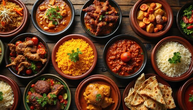 Diverse Moroccan dishes arranged on wooden table. Includes savory tagines, fluffy couscous, rich stews, grilled meats, fresh salads, warm flatbread. Offers vibrant taste of North African culinary