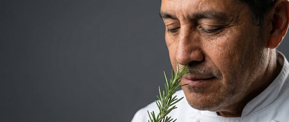 Senior Hispanic man chef smelling fresh rosemary herb, culinary experience, aroma, and flavor