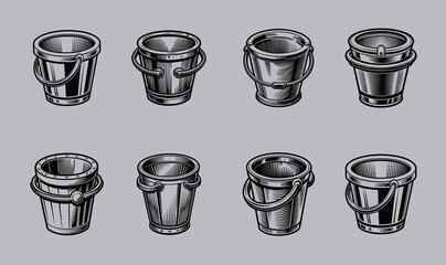 Collection of various metal buckets with different designs and handles