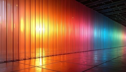 Vertical panels of dichroic glass create a colorful spectrum. Light shifts colors based on viewing angle, changing the wall and floor reflections. Modern abstract architectural detail.