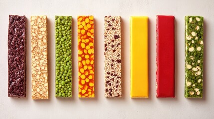 A variety of colorful snack bars arranged aesthetically on a light background.