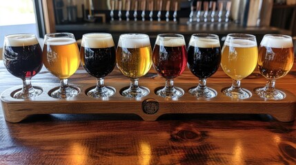 A variety of craft beers in glasses on a wooden flight board, showcasing diverse colors and flavors