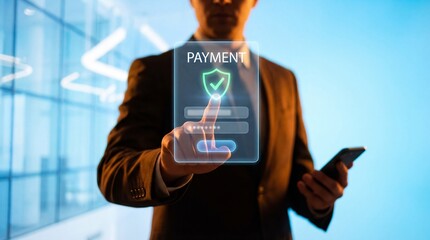 Business professional making secure digital payment using futuristic holographic interface technology
