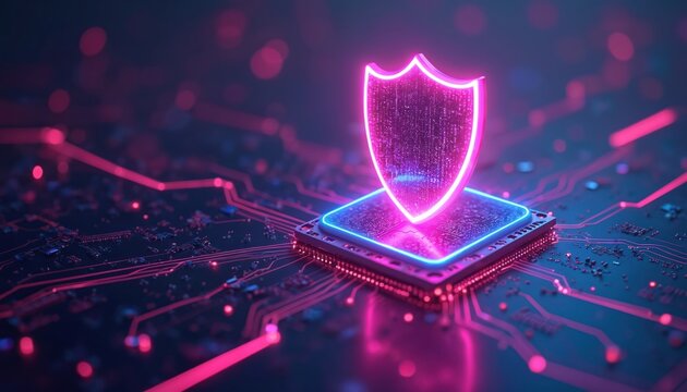 Digital shield protects computer chip and circuits. Futuristic cyber security concept with glowing neon pink and blue lights. Network data safety and defense.