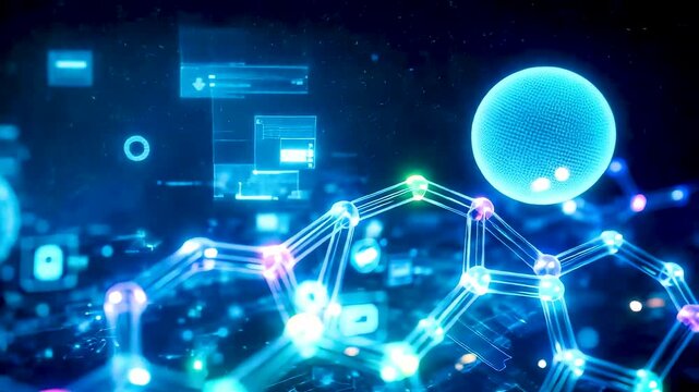 Glowing Digital Network Structure with Connected Nodes and Spherical Core Visualizing Advanced Data Systems, Computing Architecture and Technology Flow