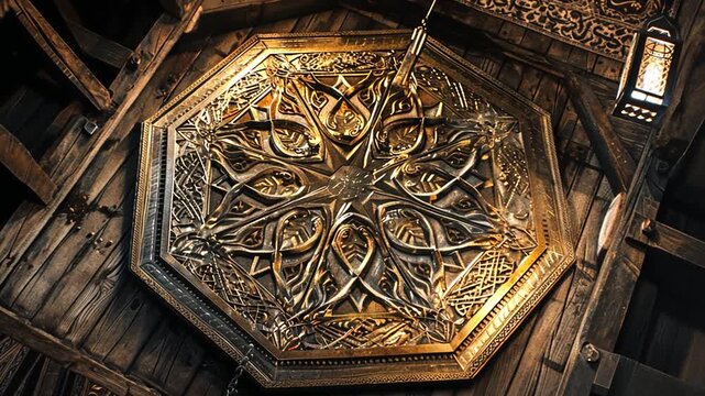 intricately carved wooden ceiling with gold accents
