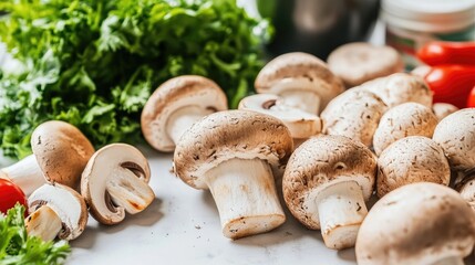 A variety of fresh vegetables and mushrooms arranged neatly on a white surface