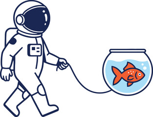 Astronaut Walking Fish Sticker - Whimsical Space Explorer with Goldfish Vector Illustration