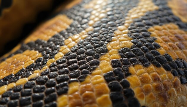 Close-up on python snake skin, showing natural yellow and black scale pattern. Macro detail reveals texture and coloration of reptile surface in sunlight.