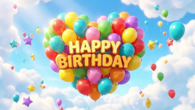 Colorful heart shaped birthday balloons floating towards bright blue sky