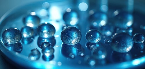 Close up macro view of blue liquid spheres in petri dish. Bubbles and droplets create abstract scientific texture. Medical or chemistry background.
