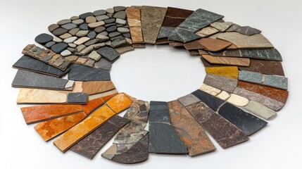 A variety of stone and tile samples in different colors and textures arranged in a semi-circle, showcasing options for floor design