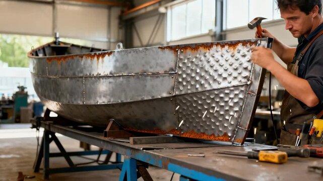 Medium shot of a shipbuilder assembling a hull using recycled metal highlighting the texture and ecoconscious construction process in a bright workshop.
