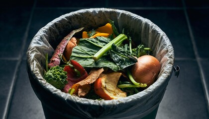 Closeup of a full kitchen compost bin overflowing with organic food scraps.
