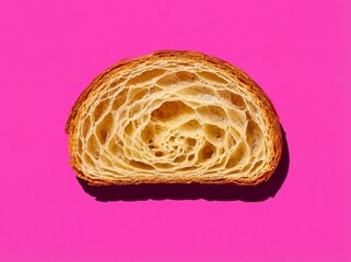 Obraz premium Cross-section of a golden croissant revealing perfect airy honeycomb crumb structure on a vibrant pink background with hard pop-art shadows.