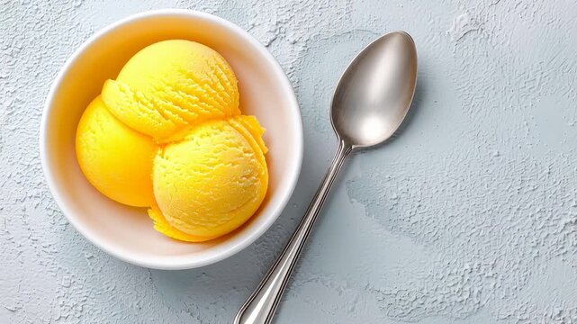 Creamy mango sorbet in white bowl with metal spoon on textured gray background