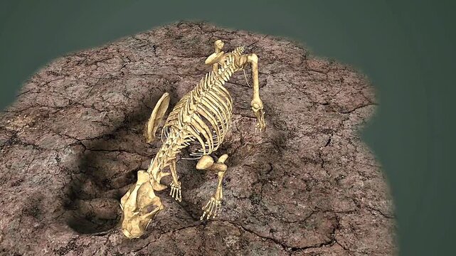 Fossil and skeleton of sabre-toothed cat showing bones, teeth, and Pleistocene predator anatomy.