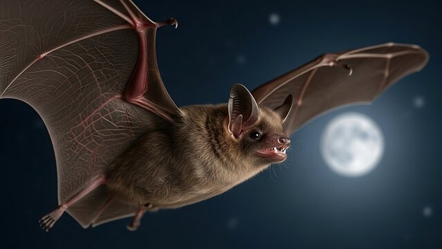 Brown bat flying under full moon.