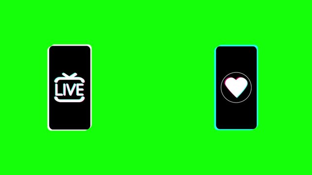 A carousel of smartphone templates with popular icons: play, heart, live. For use in slideshows, social media posts, live broadcasts, short films, video, advertisements, presentations and animations. 