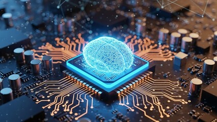 AI Chip with Glowing Blue Brain Effect on a Motherboard