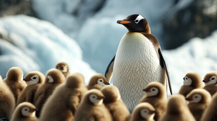 A vibrant adult penguin stands out among a group of brown fluffy chicks, symbolizing originality and the courage to be different.