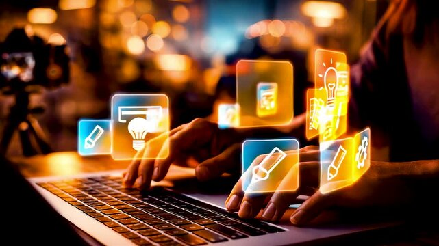 Hands Typing on Laptop with Floating Digital Content Cards Showing Online Publishing, Information Sharing and Modern Creative Workflow