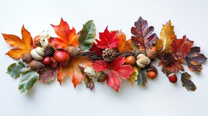 A vibrant arrangement of autumn leaves and acorns on a white background.
