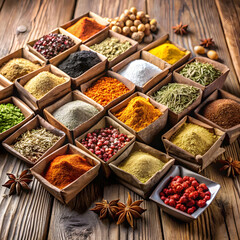 Assorted spices neatly arranged in individual packets
