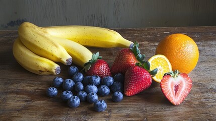 A vibrant arrangement of fresh fruit including strawberries, blueberries, bananas, and oranges on a rustic wooden table.