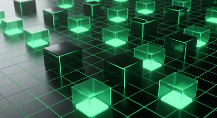 Multiple illuminated cube on dark grid, creating geometric pattern, representing modern technology, digital network, or abstract futuristic arrangement