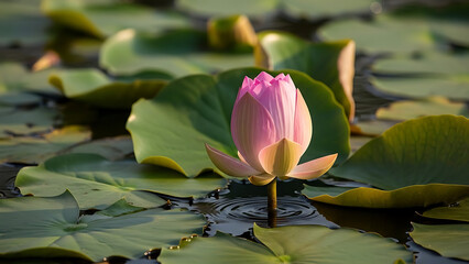Close-up of a delicate pink lotus bud emerging from calm water amidst lush green lily pads