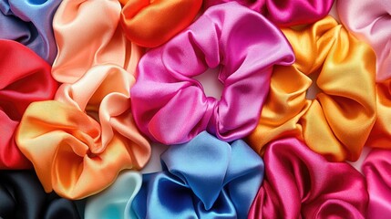 A vibrant assortment of colorful satin scrunchies arranged on a white background.
