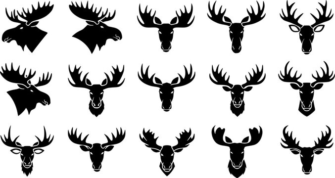 moose head, moose horn black silhouette vector, set pack Simple silhouette Design vector icon with white background. 
