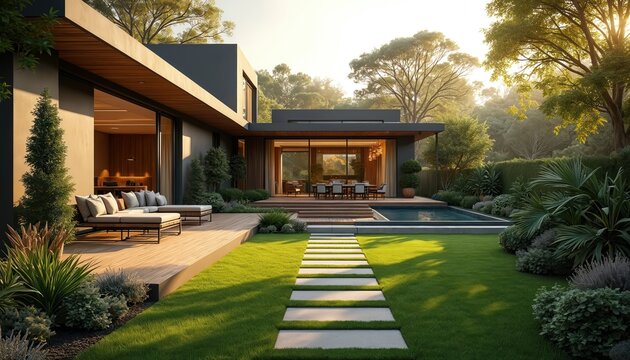 Contemporary house design with garden. Modern house swimming pool, beautiful green yard. Luxury home exterior features landscape design, architecture. Modern lifestyle concept presents real estate,