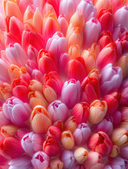 densely packed arrangement of vibrant tulips in shades of red, pink, orange, and lavender creates a mesmerizing floral tapestry full of texture and color