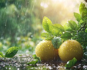 Two ripe yellow citrus fruits sit amongst lush green leaves, bathed in sunlight filtering through a rain shower